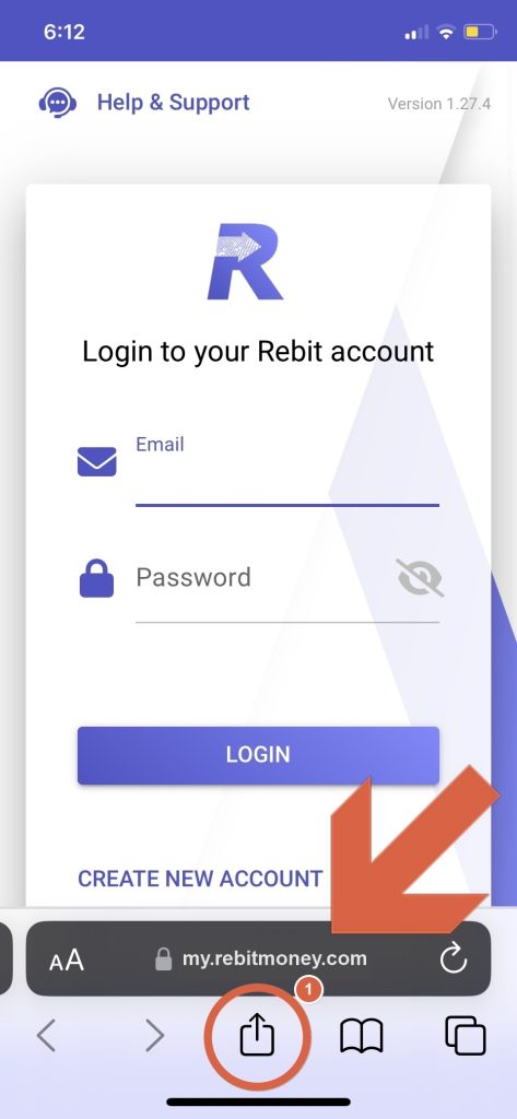 To Install Rebit App on iOS Safari, tap 'Share' button.
