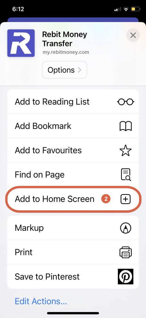 To Install Rebit App on iOS Safari, find and tap 'Add to Home Screen'.